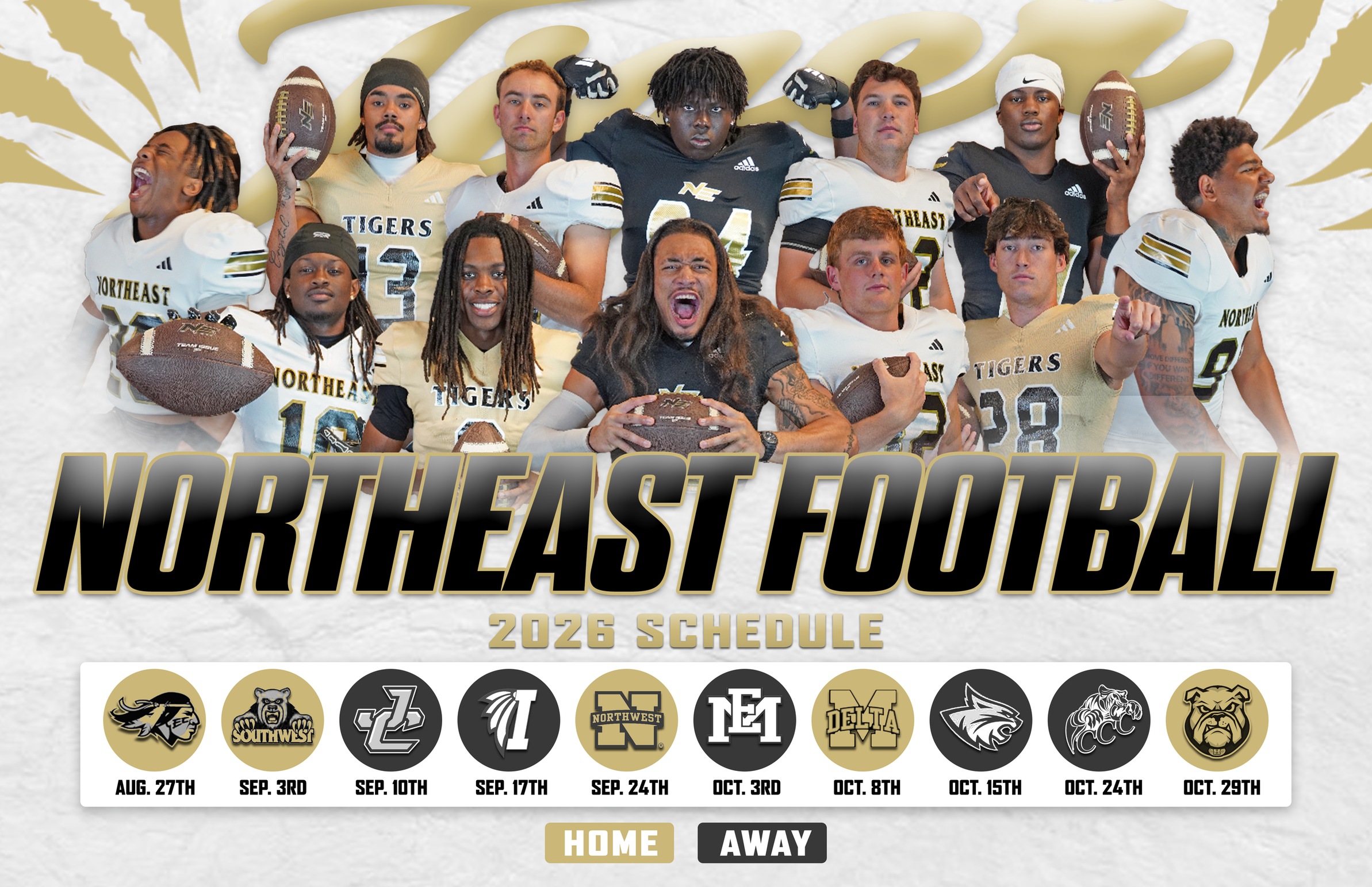 Graphic showcasing Northeast's 2026 football schedule, which includes five home games starting on August 27th.