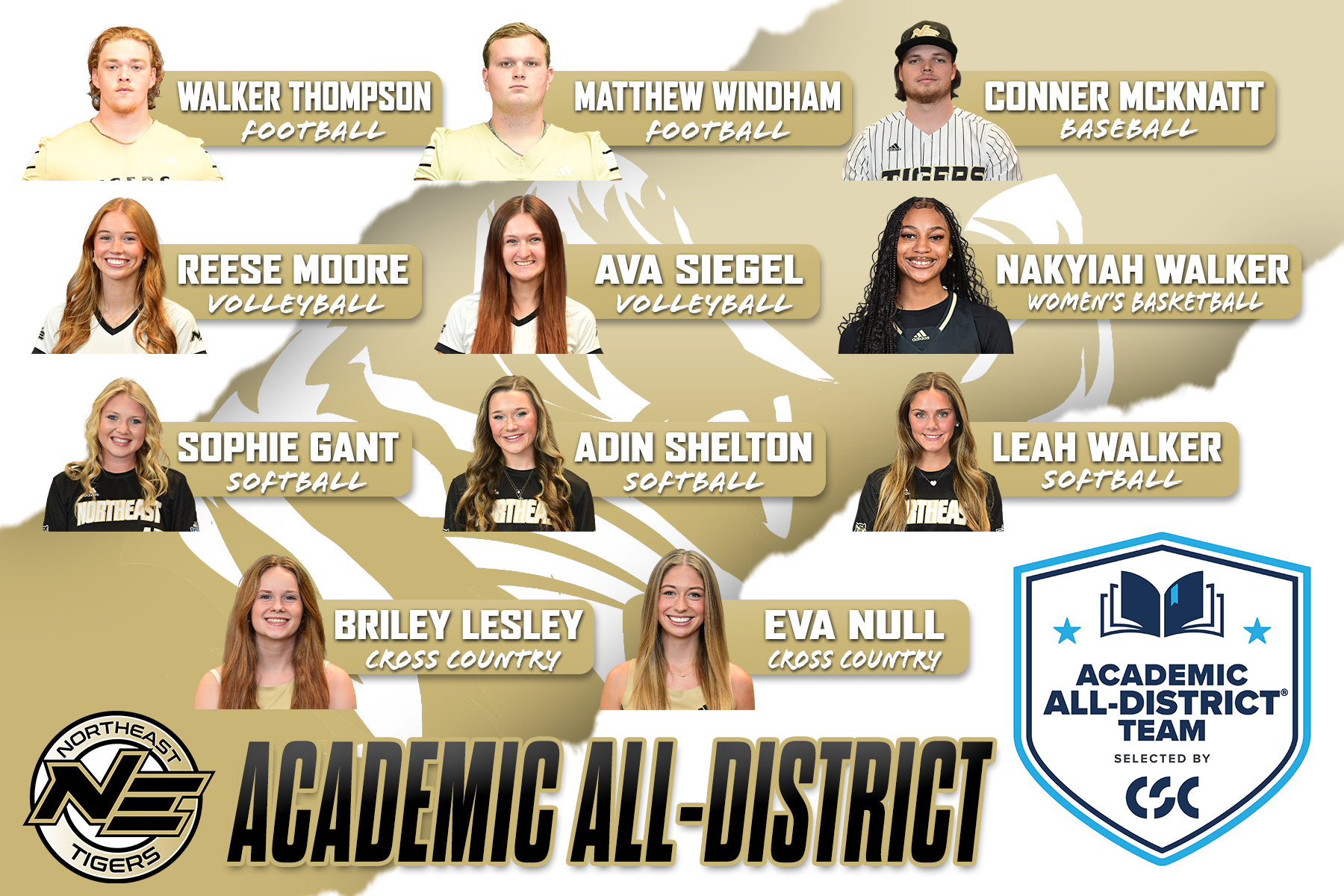 Northeast athletes that made the CSC Academic All-District team were (from top left) Walker Thompson, Matthew Windham, Conner McKnatt, Reese Moore, Ava Siegel, Nakyiah Walker, Sophie Gant, Adin Shelton, Leah Walker, Briley Lesley and Eva Null.